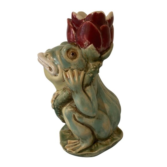 Majolica Chinese Frog Holding Lotus Flower Figurine Candle Holder - Picture 1 of 7